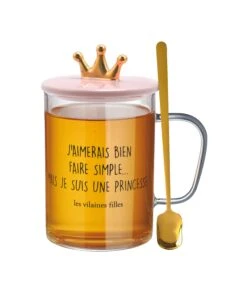 TASSE VERRE PELLE AVEC COUVERCLE ROSE COURONNE -Ameublement De Maison 40 VF 057 TASSE EN VERRE THE