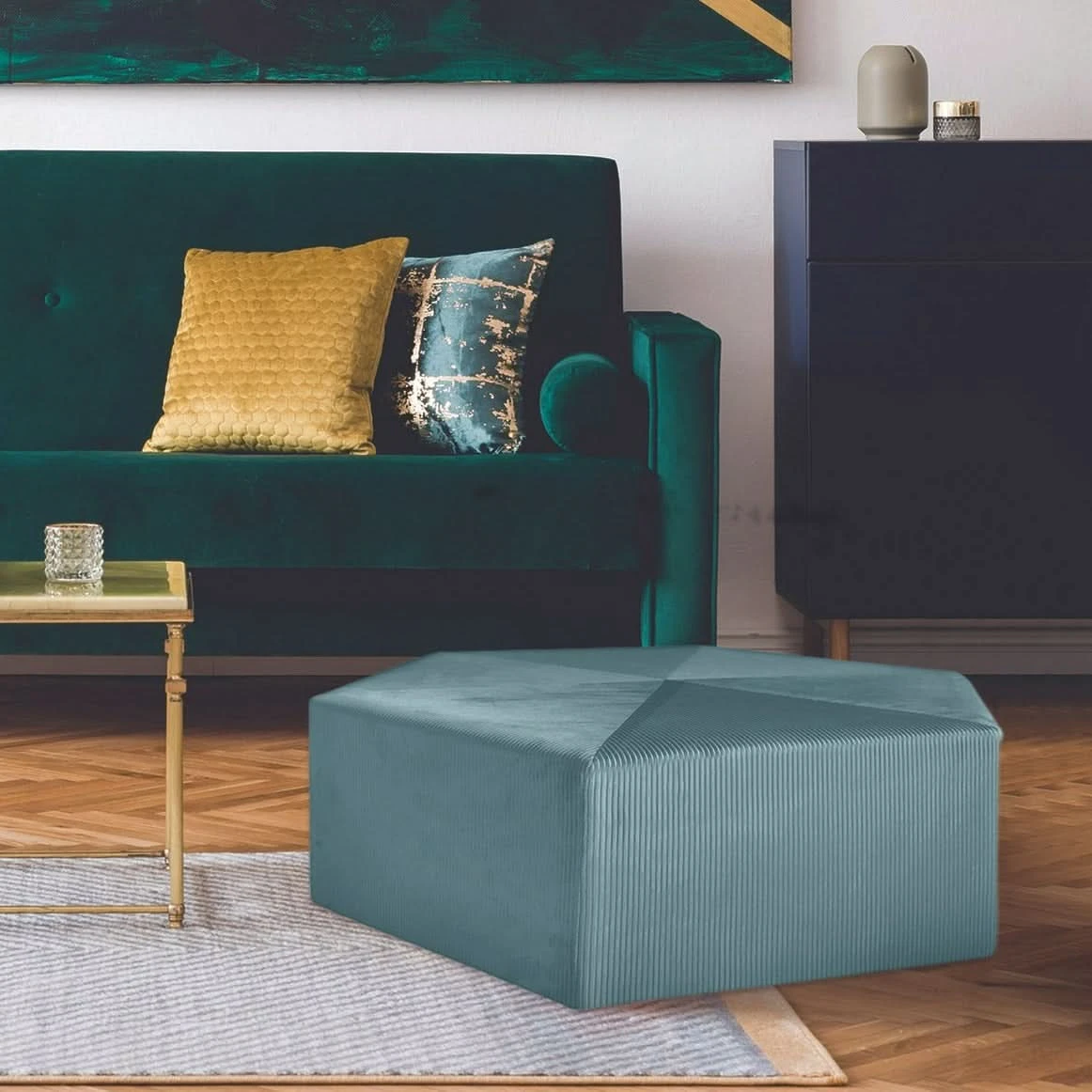 POUF VELOURS COTELE 75CM GIULIA BLEU CANARD 3 POUF VELOURS COTELE 75CM GIULIA BLEU CANARD