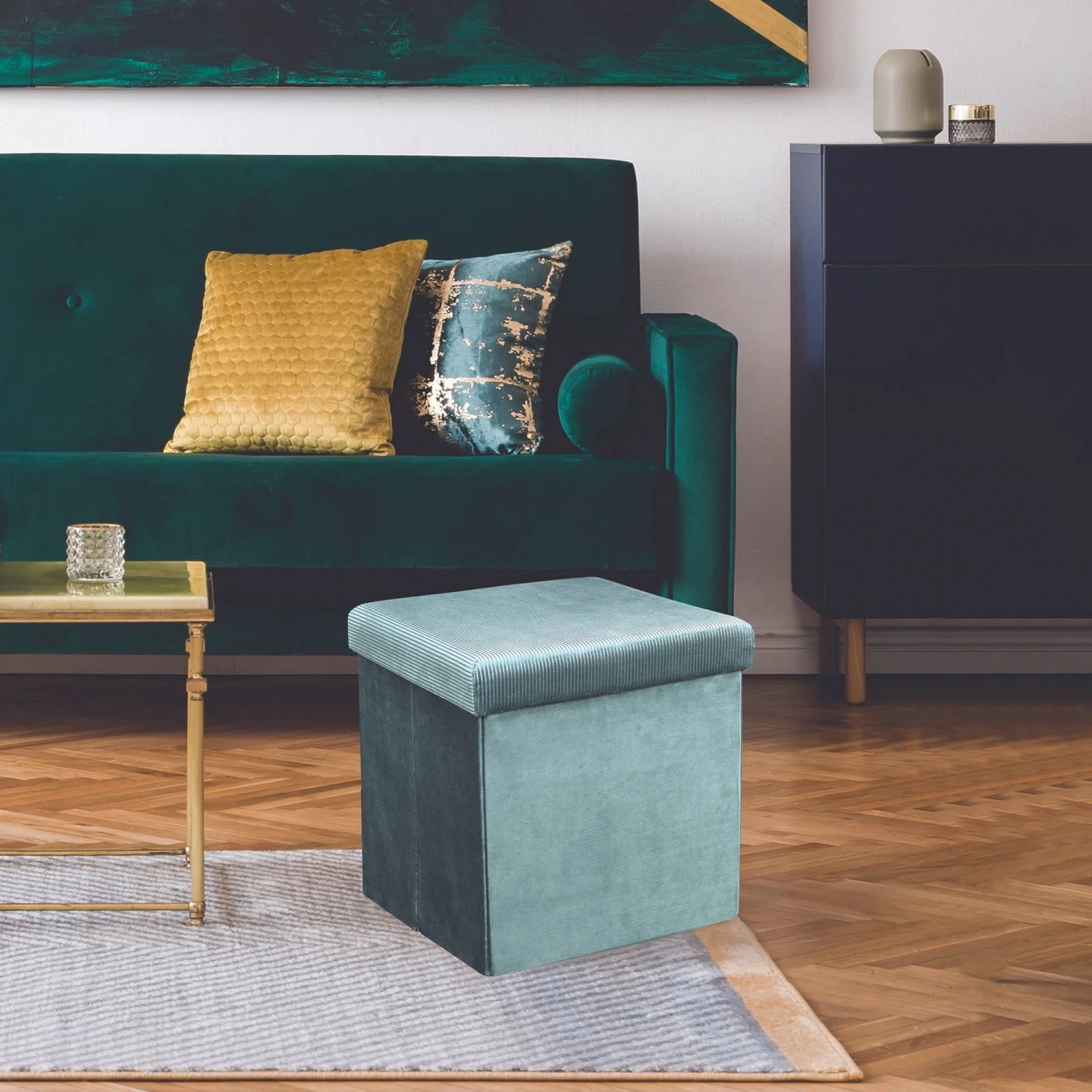 COFFRE POUF PLIABLE VELOURS COTELE GIULIA BLEU 3 COFFRE POUF PLIABLE VELOURS COTELE GIULIA BLEU