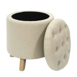 COFFRE POUF ROND ELEONOR BEIGE -Ameublement De Maison HD7316 COFFRE POUF ROND ELEONOR BEIGE 2